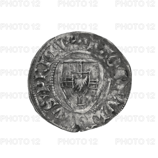 Teutonic szelag, Ulrich von Jungingen (Grand Master; 1407–1410), Mynlein, Dietz (fl. 1394–1409), publisher; Teutonic shield (iconographic), monastic shield of the Grand Master (iconographic), shields; Teutonic Knights (order). Obverse: monastic shield of the Grand Master. On the rim, between the pearl borders, the inscription. Reverse: monastic shield. In the rim between the pearl borders there is an inscription. 1407–1410. State of the Teutonic Order (1226–1525). Gdansk. Coin; diameter 22 mm; weight 1.54 g; axis 320°.