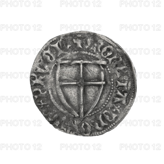 Teutonic szelag, Ulrich von Jungingen (Grand Master; 1407–1410). Maker/publisher: Mynlein Dietz (fl. 1394–1409). Obverse: monastic shield of the Grand Master; on the rim between the pearl borders, the inscription. Reverse: monastic shield; in the rim between the pearl borders an inscription. Date: 1407–1410. State of the Teutonic Order (1226–1525). Place: Gdansk. Coin; diameter 22 mm; weight 1.54 g; axis 320°.