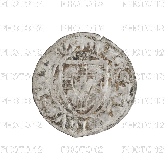 Teutonic szelag, Ulrich von Jungingen (Grand Master; 1407–1410), monastic shield of the Grand Master (iconographic), Teutonic shield (iconographic), Teutonic Knights (order). Obv.: Monastic shield of the Grand Master; on the rim between the pearl borders an inscription. Rev.: Monastic shield; in the rim between the pearl borders an inscription, 1407–1410. State of the Teutonic Order (1226–1525), Torun, Malbork. Coin; diameter 21.2 mm, weight 1.60 g, axis 330°.