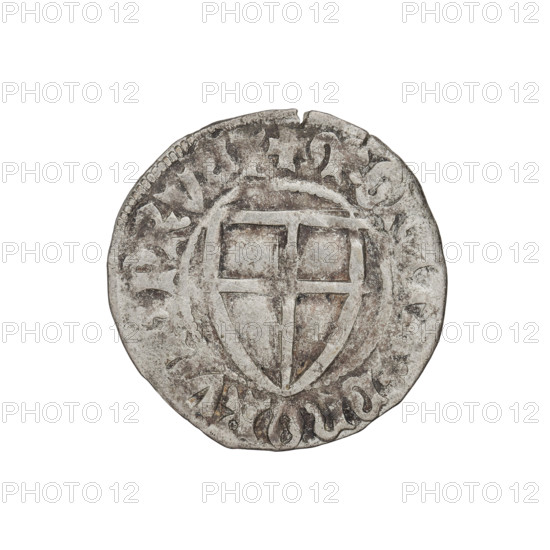 Teutonic szelag, Ulrich von Jungingen (Grand Master; 1407–1410), monastic shield of the Grand Master (iconographic), Teutonic shield (iconographic), Teutonic Knights (order). Obv.: Monastic shield of the Grand Master. On the rim, between the pearl borders, the inscription. Rev.: Monastic shield. In the rim between the pearl borders there is an inscription, 1407–1410. State of the Teutonic Order (1226–1525). Torun, Malbork. Coin; diameter 21.2 mm; weight 1.60 g; axis 330°.