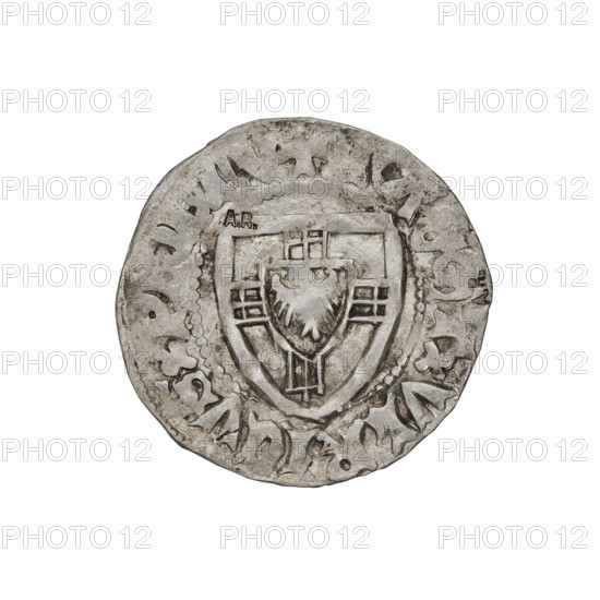 Teutonic szelag, Ulrich von Jungingen (Grand Master; 1407–1410), Mynlein, Dietz (fl. 1394–1409), publisher. Obverse: Teutonic shield of the Grand Master (iconographic); in the rim, between the pearl borders, the inscription. Reverse: Teutonic Order shield (iconographic); in the rim, between the pearl borders, the inscription: 1407–1410. State of the Teutonic Order (1226–1525), Gdansk. Coin, diameter 21 mm, weight 1.64 g, axis 315°. AR mark (twice struck on the obverse). Teutonic Knights (order).