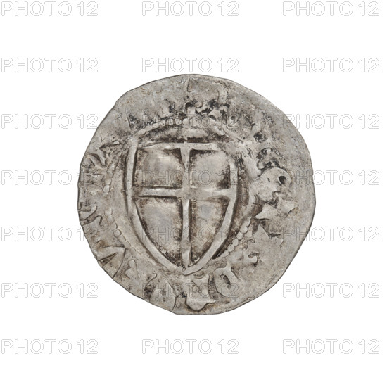 Teutonic szelag, Ulrich von Jungingen (Grand Master; 1407–1410), Mynlein, Dietz (fl. 1394–1409), publisher, Teutonic shield (iconographic), AR mark (twice struck on the obverse), Teutonic Knights (order). Obverse: Teutonic shield of the Grand Master. In the rim, between the pearl borders, the inscription. Reverse: Teutonic Order shield. In the rim, between the pearl borders, the inscription: 1407–1410. State of the Teutonic Order (1226–1525), Gdansk. Coin, diameter 21 mm, weight 1.64 g, axis 315 degrees.