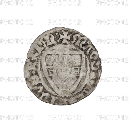 Teutonic szelag, Henryk von Plauen (Grand Master; 1410–1413), monastic shield of the Grand Master (iconographic), Teutonic shield (iconographic), Teutonic Knights (order). Obverse: monastic shield of the Grand Master; the crossbars at the ends of the arms of the cross are arched. On the rim, between the pearl borders, the inscription. Reverse: monastic shield; in the rim between the pearl borders there is an inscription, 1410–1413. State of the Teutonic Order (1226–1525), Gdansk, coin. Diameter 20 mm, weight 1.32 g, axis 180 degrees.