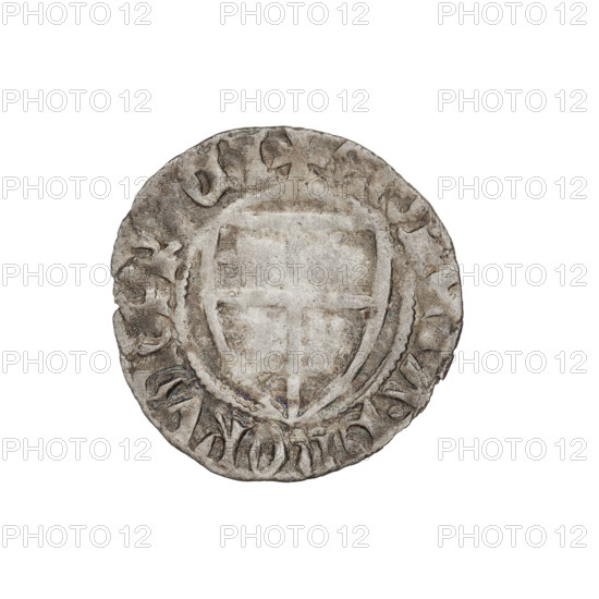 Teutonic szelag, Henryk von Plauen (Grand Master; 1410–1413), monastic shield of the Grand Master (iconographic), Teutonic shield (iconographic), Teutonic Knights (order). Obv. Monastic shield of the Grand Master, the crossbars at the ends of the arms of the cross are arched. On the rim, between the pearl borders, the inscription. Rev. Monastic shield. In the rim between the pearl borders there is an inscription, 1410–1413. State of the Teutonic Order (1226–1525), Gdansk. Coin, diameter 20 mm, weight 1.32 g, axis 180 degrees.