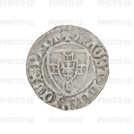 Teutonic szelag, Henryk von Plauen (Grand Master; 1410–1413). Obverse: Teutonic shield of the Grand Master (iconographic); the crossbars at the ends of the arms of the cross are arched. In the rim, between the beaded borders, an inscription. Reverse: Teutonic shield. In the rim, between the beaded borders, an inscription. Date: 1410–1413. State of the Teutonic Order (1226–1525). Gdansk. Coin; diameter 21.4 mm; weight 1.62 g; axis 90°.