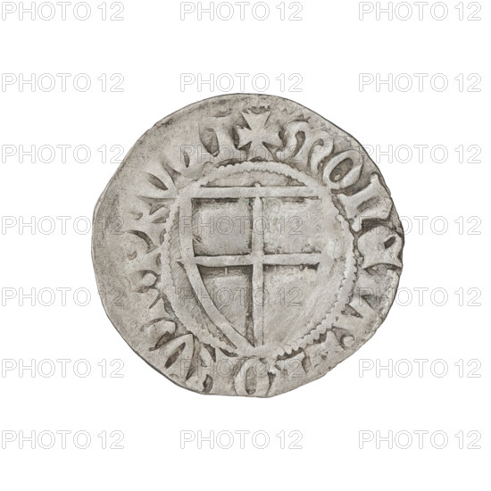 Teutonic szelag, Henryk von Plauen (Grand Master; 1410–1413). Obverse: Teutonic shield of the Grand Master (iconographic), the crossbars at the ends of the arms of the cross are arched; in the rim, between the beaded borders, an inscription. Reverse: Teutonic shield; in the rim, between the beaded borders, an inscription. Date: 1410–1413. Issuer: State of the Teutonic Order (1226–1525). Place: Gdansk. Coin, diameter 21.4 mm, weight 1.62 g, axis 90°.