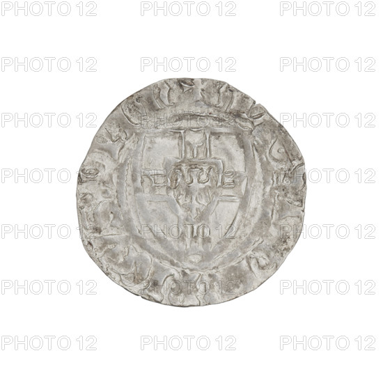 Teutonic szelag, Henryk von Plauen (Grand Master; 1410–1413). Obverse: monastic shield of the Grand Master with arched crossbar ends; on the rim between beaded borders an inscription. Reverse: monastic shield; on the extension of the arm of the cross a wedge adjacent to the upper edge of the shield; in the rim between pearl borders an inscription. Date: 1410–1413. Issuer: State of the Teutonic Order (1226–1525). Place: Gdansk. Coin type: coin (szelag). Diameter: 20.4–20.6 mm. Weight: 1.44 g. Axis: 180°.