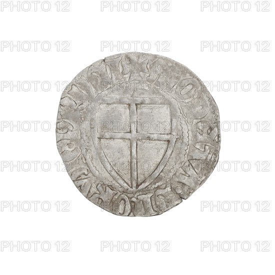 Teutonic szelag, Henryk von Plauen (Grand Master; 1410–1413). Obverse: monastic shield of the Grand Master (iconographic); the crossbars at the ends of the arms of the cross are arched. On the rim, between beaded borders, an inscription. Reverse: monastic shield; on the extension of the arm of the cross, a wedge adjacent to the upper edge of the shield. In the rim between pearl borders there is an inscription. Date: 1410–1413. Issuing authority: State of the Teutonic Order (1226–1525). Place: Gdansk. Object type: coin. Diameter: ~20.4–20.6 mm. Weight: 1.44 g. Axis: 180°.