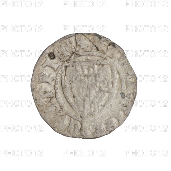 Teutonic szelag, Henryk von Plauen (Grand Master; 1410–1413). Obverse: monastic shield of the Grand Master with arched crossbar ends, dot above the shield; inscription in the rim between pearl-shaped borders. Reverse: monastic shield, rectangle at the intersection of the arms of the cross in the upper right field, dot above the shield; inscription in the rim between pearl-shaped borders. Iconographic: dot above the shield (on obverse and reverse), Teutonic shield, monastic shield of the Grand Master. Date: 1410–1413. State of the Teutonic Order (1226–1525). Place: Gdansk. Coin; diameter 21 mm; weight 1.52 g; axis 320°.