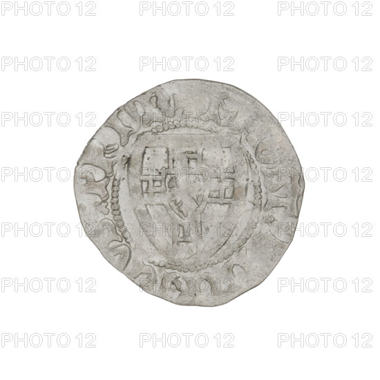 Teutonic szelag, Henryk von Plauen (Grand Master; 1410–1413). Teutonic shield (iconographic). Teutonic Knights (order). Obverse: Teutonic shield of the Grand Master; in the rim, between the pearly borders, an inscription. Reverse: Teutonic shield; in the rim, between the pearly borders, an inscription. Date: 1410–1413. State of the Teutonic Order (1226–1525). Place: Gdansk. Coin; diameter 20.3 mm; weight 1.39 g; axis 90°.