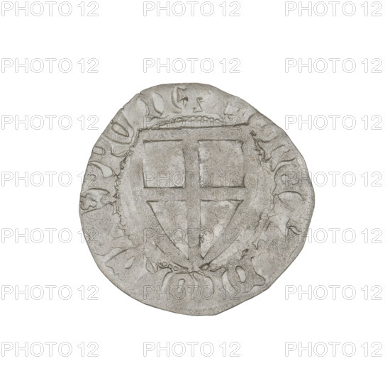 Teutonic szelag, Henryk von Plauen (Grand Master; 1410–1413). Obverse: Teutonic shield of the Grand Master; in the rim, between the pearly borders, an inscription. Reverse: Teutonic shield; in the rim, between the pearly borders, an inscription. Date: 1410–1413. State of the Teutonic Order (1226–1525). Place: Gdansk. Coin; diameter 20.3 mm; weight 1.39 g; axis 90°.