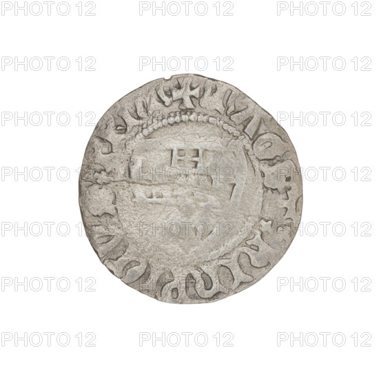 Teutonic szelag, Henryk von Plauen (Grand Master; 1410–1413), letter D (iconographic) (above the shield, right), Teutonic shield (iconographic), monastic shield of the Grand Master (iconographic). Obv. Monastic shield of the Grand Master. On the rim, between the pearl borders, the inscription. Rev. Monastic shield. Above the shield the letter D. On the rim between the pearl borders an inscription, 1410–1413. State of the Teutonic Order (1226–1525), Gdansk, coin, diameter 20.3 mm, weight 1.21 g, axis 270 degrees.