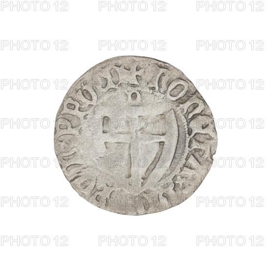 Teutonic szelag, Henryk von Plauen (Grand Master; 1410–1413), letter D (above the shield, right), Teutonic shield, monastic shield of the Grand Master. Obverse: monastic shield of the Grand Master; on the rim between the pearl borders, an inscription. Reverse: monastic shield; above the shield the letter D; on the rim between the pearl borders an inscription, 1410–1413. State of the Teutonic Order (1226–1525), Gdansk; coin; diameter 20.3 mm; weight 1.21 g; axis 270°.