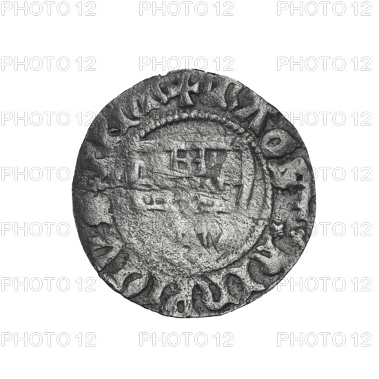 Teutonic szelag, Henryk von Plauen (Grand Master; 1410–1413), letter D (iconographic) (above the shield, right), Teutonic shield (iconographic), monastic shield of the Grand Master (iconographic). Obv. Monastic shield of the Grand Master. On the rim, between the pearl borders, the inscription. Rev. Monastic shield. Above the shield the letter D. On the rim between the pearl borders an inscription, 1410–1413. State of the Teutonic Order (1226–1525), Gdansk, coin, diameter 20.3 mm, weight 1.21 g, axis 270 degrees.