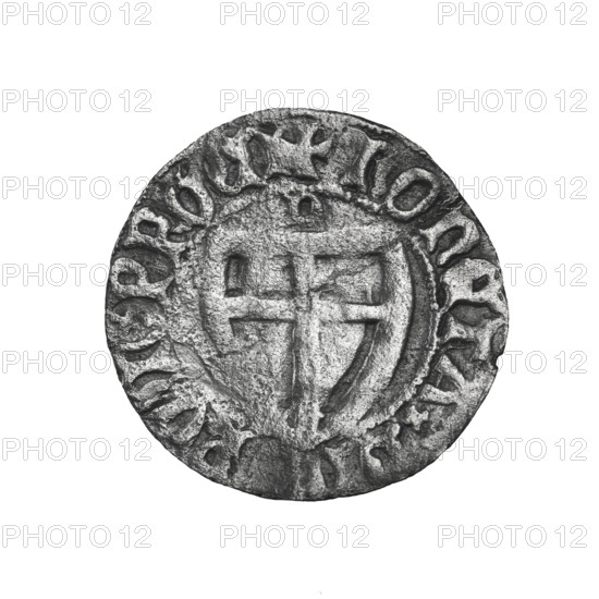 Teutonic szelag, Henryk von Plauen (Grand Master; 1410–1413), letter D (iconographic) above the shield (right), Teutonic shield (iconographic), monastic shield of the Grand Master (iconographic). Obverse: monastic shield of the Grand Master; on the rim between the pearl borders, inscription. Reverse: monastic shield; above the shield the letter D; on the rim between the pearl borders an inscription. Date 1410–1413. State of the Teutonic Order (1226–1525), Gdansk. Coin, diameter 20.3 mm, weight 1.21 g, axis 270°.