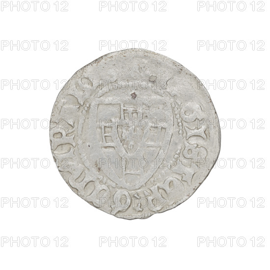 Teutonic szelag, Herman Gans (1413–1414). Obverse: Monastic shield of the Grand Master; dot above the shield; in the rim between the pearl borders, inscription. Reverse: Monastic shield; above the shield the letter D; in the rim between the pearl borders an inscription. Date 1413–1414. Teutonic Knights (order). Gdansk mint. Coin; diameter 21.4 mm; weight 1.53 g; axis 225°.