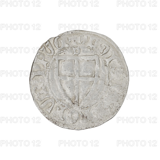 Teutonic szelag, Herman Gans (1413–1414). Obverse: monastic shield of the Grand Master; dot above the shield; in the rim between the pearl borders, inscription. Reverse: monastic shield; above the shield the letter D; in the rim between the pearl borders, inscription. Date: 1413–1414. Issuer: State of the Teutonic Order (1226–1525), Gdansk. Coin; diameter 21.4 mm; weight 1.53 g; axis 225°.