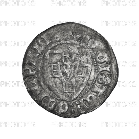 Teutonic szelag, Herman Gans (1413–1414). Obverse: monastic shield of the Grand Master; dot above the shield; in the rim between the pearl borders, inscription. Reverse: monastic shield; above the shield the letter D (iconographic). In the rim between the pearl borders an inscription: 1413–1414. State of the Teutonic Order (1226–1525). Gdansk. Coin, diameter 21.4 mm, weight 1.53 g, axis 225°.