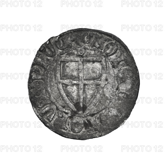 Teutonic szelag, Herman Gans (1413–1414). Obverse: monastic shield of the Grand Master; dot above the shield; in the rim between the pearl borders, inscription. Reverse: monastic shield; above the shield the letter D; in the rim between the pearl borders, inscription. Iconography: Teutonic shield, letter D, dot above the shield. Date: 1413–1414. State of the Teutonic Order (1226–1525), Gdansk. Coin; diameter 21.4 mm; weight 1.53 g; axis 225°.