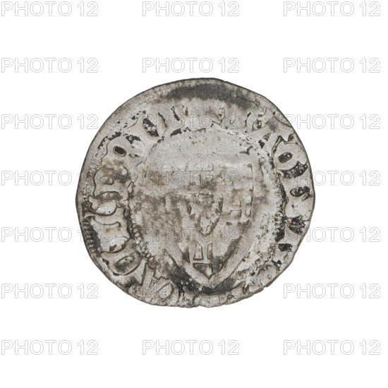 Teutonic szelag, Michal Küchmeister (Grand Master; 1414–1422). Obverse: Teutonic shield of the Grand Master; in the rim between pearly borders, an inscription. Reverse: Teutonic shield; above the shield the letter D; in the rim between pearly borders, an inscription and the date 1414. State of the Teutonic Order (1226–1525). Coin (Gdansk), diameter 20.8 mm, weight 1.85 g, axis 320°.