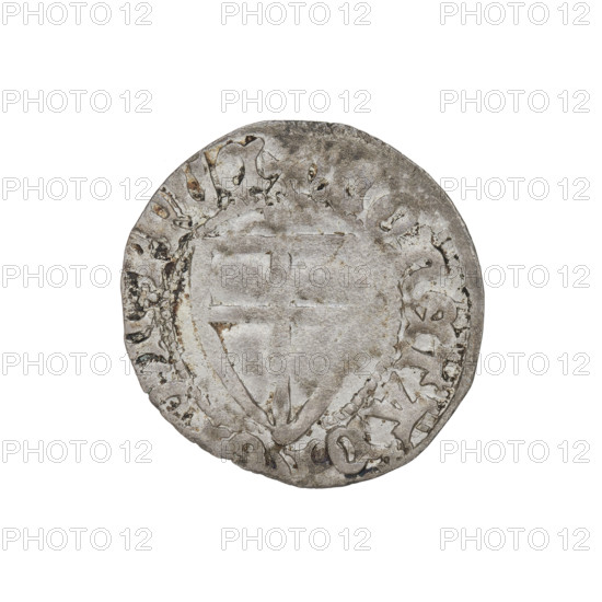 Teutonic szelag, Michal Küchmeister (Grand Master; 1414–1422). Obverse: Teutonic shield of the Grand Master; in the rim, between the pearly borders, an inscription. Reverse: Teutonic shield; above the shield, the letter D (iconographic); in the rim, between the pearly borders, an inscription, 1414. Teutonic Knights (order). State of the Teutonic Order (1226–1525). Coin, diameter 20.8 mm, weight 1.85 g, axis 320°.