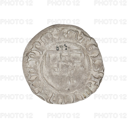 Teutonic szelag, Michal Küchmeister (Grand Master; 1414–1422). Obverse: Teutonic Knights' shield; in the rim, between pearly borders, an inscription. Reverse: Teutonic Knights' shield; in the rim, between pearly borders, an inscription. Date: 1414. State of the Teutonic Order (1226–1525). Gdansk. Coin. Diameter 21.4 mm; weight 1.58 g; axis 0°.