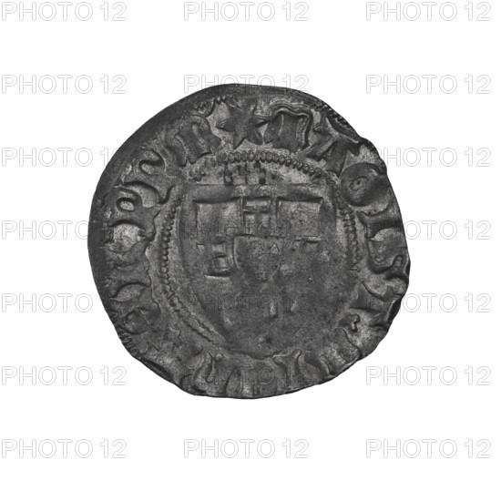Teutonic szelag, Michal Küchmeister (Grand Master; 1414–1422). Obverse: Teutonic Knights' shield (iconographic). Reverse: Teutonic Knights' shield (iconographic). In the rim, between the pearly borders, an inscription. Date: 1414. State of the Teutonic Order (1226–1525). Mint: Gdansk. Coin, diameter 21.4 mm, weight 1.58 g, axis 0°.