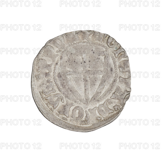 Teutonic szelag, Michal Küchmeister (Grand Master; 1414–1422), Teutonic shield (iconographic), Teutonic Knights' shield (iconographic), shields, Teutonic Knights (order). Obv.: Teutonic Knights' shield; in the rim, between the pearly borders, an inscription. Rev.: Teutonic Knights' shield; in the rim, between the pearly borders, an inscription. 1414. Coin, diameter 21.4 mm, weight 1.58 g, axis 0°.