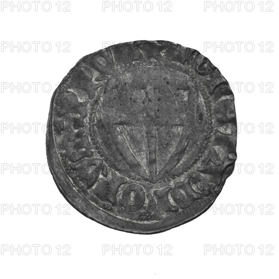 Teutonic szelag, Michal Küchmeister (Grand Master; 1414–1422). Obverse: Teutonic Knights' shield (iconographic). Reverse: Teutonic Knights' shield (iconographic). In the rim, between the pearly borders, an inscription. Date: 1414. State of the Teutonic Order (1226–1525). Mint: Gdansk. Coin; diameter 21.4 mm; weight 1.58 g; axis 0°.