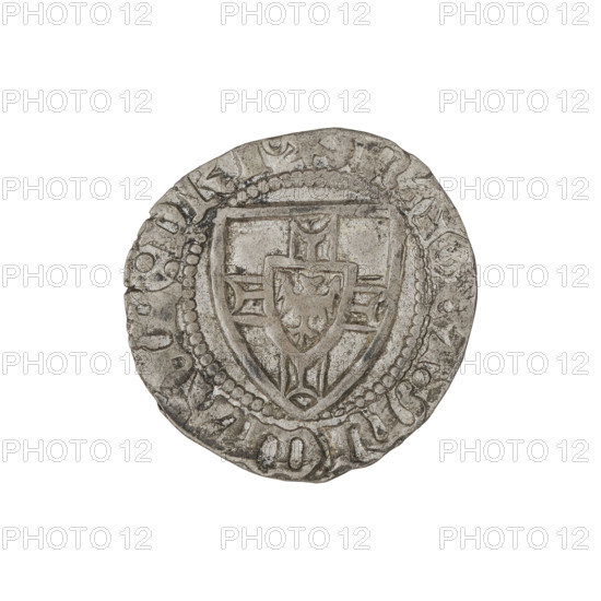 Teutonic szelag (1414–1416), attributed to Grand Master Michal Küchmeister (1414–1422). Obverse: monastic shield of the Grand Master with arched crossbar ends; inscription on the rim between beaded borders. Reverse: monastic shield; inscription on the rim between beaded borders. Teutonic Knights; State of the Teutonic Order (1226–1525). Coin from Gdansk; diameter 20.2 mm, weight 1.80 g, axis 135°.