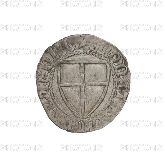Teutonic szelag, Michal Küchmeister (Grand Master; 1414–1422). Obverse: monastic shield of the Grand Master (iconographic), Teutonic shield (iconographic); crossbars at the ends of the arms of the cross are arched. On the rim, between the beaded borders, an inscription. Reverse: monastic shield; on the rim, between the beaded borders, an inscription. Date: 1414–1416. Mint: Gdansk. Coin, diameter 20.2 mm, weight 1.80 g, axis 135°.