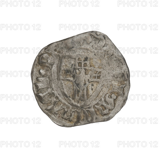 Teutonic szelag, Michal Küchmeister (Grand Master; 1414–1422). Teutonic shield (iconographic), monastic shield of the Grand Master (iconographic), Teutonic Knights (order). Obv.: Monastic shield of the Grand Master, crossbars at the ends of the arms of the cross are arched. On the rim, between the pearly borders, an inscription. Rev.: Monastic shield. On the rim, between the pearly borders, an inscription, 1414–1416. State of the Teutonic Order (1226–1525). Coin from Gdansk; diameter 21.0–21.1 mm, weight 1.51 g, axis 90°.