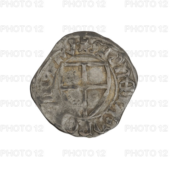 Teutonic szelag, Michal Küchmeister (Grand Master; 1414–1422). Obverse: monastic shield of the Grand Master (iconographic), crossbars at the ends of the arms of the cross are arched; on the rim, between the pearly borders, an inscription. Reverse: monastic shield; on the rim, between the pearly borders, an inscription. Date: 1414–1416. Teutonic Knights (Order), State of the Teutonic Order (1226–1525), Gdansk. Coin: dia. 21.0–21.1 mm, weight 1.51 g, axis 90°.