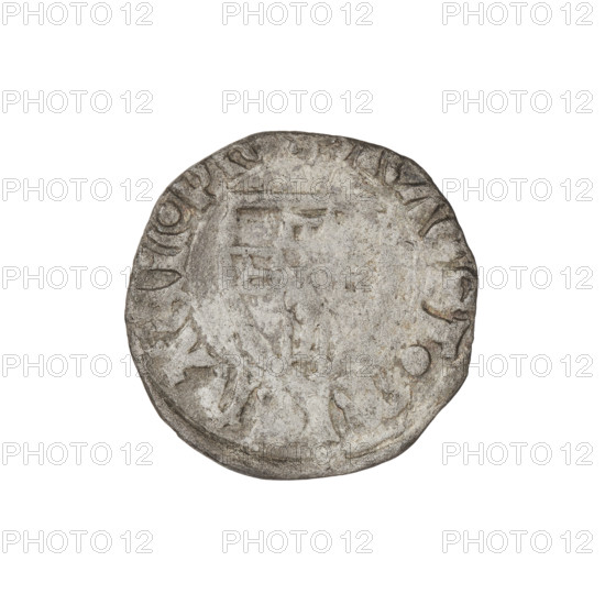Teutonic szelag, Michal Küchmeister (Grand Master; 1414–1422). Obverse: monastic shield of the Grand Master (iconographic), crossbars at the ends of the arms of the cross are arched; in the rim, between the beaded borders, an inscription. Reverse: monastic shield; in the rim, between the beaded borders, an inscription. Date: 1414–1416. State of the Teutonic Order (1226–1525). Gdansk. Coin; diameter 20 mm; weight 1.31 g; axis 30°.