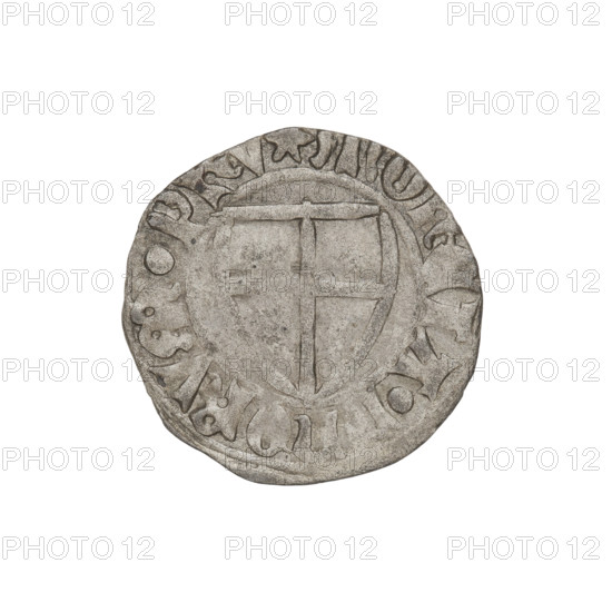 Teutonic szelag, Michal Küchmeister (Grand Master; 1414–1422). Obverse: monastic shield of the Grand Master (iconographic); crossbars at the ends of the arms of the cross are arched. In the rim, between the beaded borders, the inscription. Reverse: monastic shield. In the rim, between the beaded borders, the inscription. Date: 1414–1416. State of the Teutonic Order (1226–1525), Gdansk. Coin, diameter 20 mm, weight 1.31 g, axis 30°.