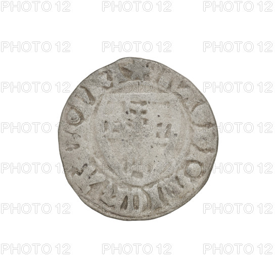Teutonic szelag, Michal Küchmeister (Grand Master; 1414–1422). Obverse: monastic shield of the Grand Master (iconographic), crossbars at the ends of the arms of the cross are arched; on the rim, between pearly borders, an inscription. Reverse: monastic shield (iconographic); on the rim, between pearly borders, an inscription. Date: 1414–1416. Issuer: State of the Teutonic Order (1226–1525), Gdansk. Coin type: szelag; diameter 19.6–19.7 mm, weight 1.20 g, axis 90°.