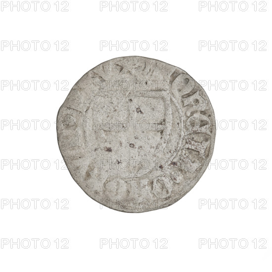 Teutonic szelag, Michal Küchmeister (Grand Master; 1414–1422). Teutonic shield (iconographic), monastic shield of the Grand Master (iconographic), Teutonic Knights (order). Obverse: monastic shield of the Grand Master, crossbars at the ends of the arms of the cross are arched; on the rim, between the pearly borders, an inscription. Reverse: monastic shield; on the rim, between the pearly borders, an inscription. Date: 1414–1416. State of the Teutonic Order (1226–1525), Gdansk. Coin; diameter 19.6–19.7 mm, weight 1.20 g, axis 90°.