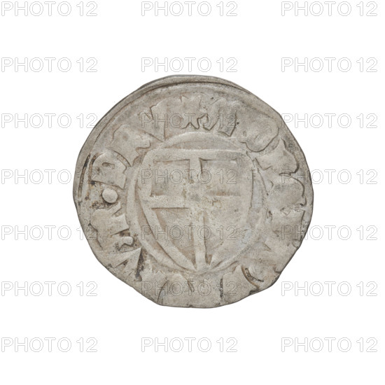 Teutonic szelag, Michal Küchmeister (Grand Master; 1414–1422). Obverse: monastic shield of the Grand Master (iconographic), Teutonic shield; crossbars at the ends of the arms of the cross are arched. In the rim, between the pearly borders, an inscription. Reverse: monastic shield. In the rim, between the pearly borders, an inscription, 1414–1416. State of the Teutonic Order (1226–1525). Gdansk. Coin; diameter 21 mm, weight 1.56 g, axis 160°.