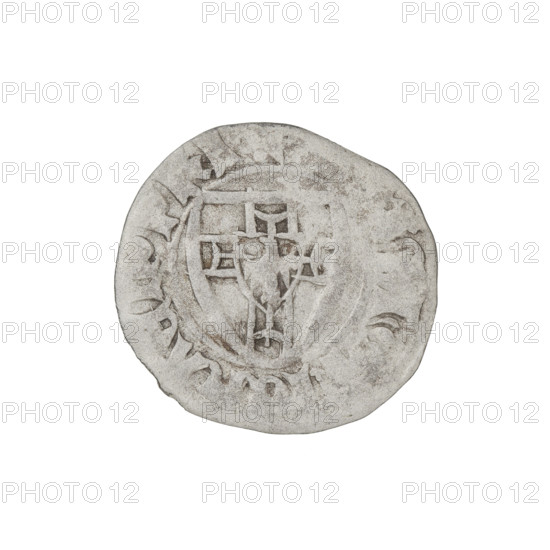 Teutonic szelag, Michal Küchmeister (Grand Master; 1414–1422). Obverse: monastic shield of the Grand Master (Teutonic shield iconography); crossbars at the ends of the arms of the cross are arched. In the rim, between the beaded borders, an inscription. Reverse: monastic shield; in the rim, between the beaded borders, an inscription. Date: 1414–1416. State of the Teutonic Order (1226–1525). Gdansk. Coin; diameter 20 mm; weight 1.56 g; axis 30°.