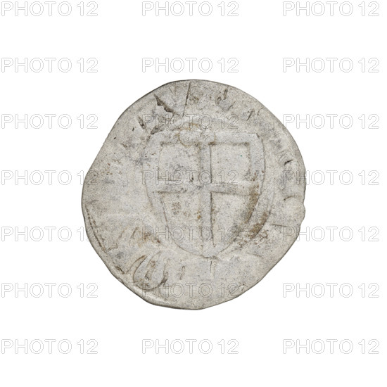 Teutonic szelag, Michal Küchmeister (Grand Master; 1414–1422). Teutonic shield (iconographic); monastic shield of the Grand Master (iconographic); Teutonic Knights (order). Obverse: monastic shield of the Grand Master, crossbars at the ends of the arms of the cross are arched; in the rim, between the beaded borders, the inscription. Reverse: monastic shield; in the rim, between the beaded borders, the inscription. 1414–1416. State of the Teutonic Order (1226–1525). Gdansk. Coin; diameter 20 mm; weight 1.56 g; axis 30°.