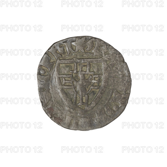 Teutonic szelag, Michal Küchmeister (Grand Master; 1414–1422). Obverse: monastic shield of the Grand Master (iconographic), the crossbars at the ends of the arms of the cross are arched; on the rim, between beaded borders, an inscription. Reverse: monastic shield; on the rim, between beaded borders, an inscription. Date: 1414–1416. Issuing authority: State of the Teutonic Order (1226–1525), Gdansk. Coin type: szelag (coin). Diameter: ca. 19.5–19.6 mm. Weight: 1.59 g. Axis: 270°. Subjects/attribution: Teutonic shield (iconographic); Teutonic Knights (order).