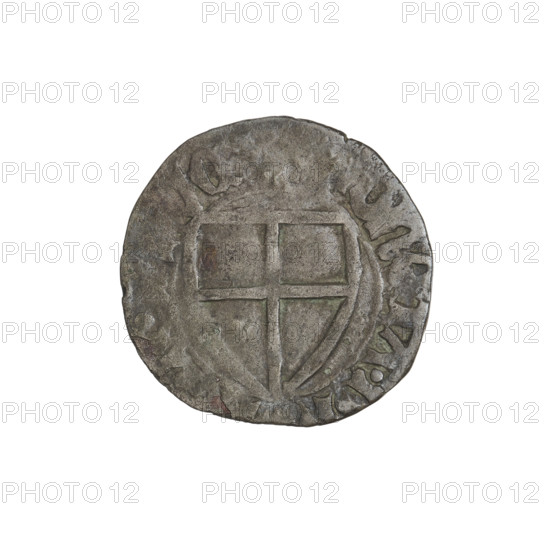 Teutonic szelag, Michal Küchmeister (Grand Master; 1414–1422). Monastic shield of the Grand Master (iconographic); Teutonic shield (iconographic); Teutonic Knights (order). Obverse: monastic shield of the Grand Master, the crossbars at the ends of the arms of the cross are arched. On the rim, between the beaded borders, an inscription. Reverse: monastic shield. On the rim, between the beaded borders, an inscription. Date: 1414–1416. State of the Teutonic Order (1226–1525), Gdansk. Coin; diameter 19.5–19.6 mm; weight 1.59 g; axis 270°.