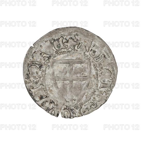 Teutonic szelag, Michal Küchmeister (Grand Master; 1414–1422). Obverse: Monastic shield of the Grand Master (iconographic), crossbars at the ends of the arms of the cross are arched; on the rim, between the pearly borders, inscription. Reverse: Monastic shield; on the rim, between the pearly borders, inscription. Date: 1414–1416. State of the Teutonic Order (1226–1525), Gdansk. Coin; diameter 22.3 mm, weight 1.10 g, axis 280°.