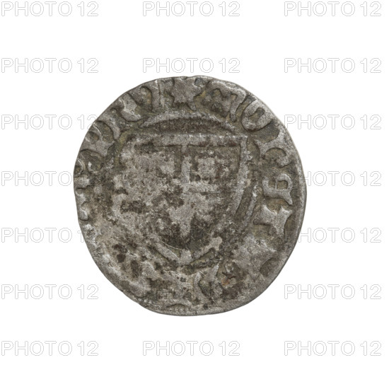 Teutonic szelag, Michal Küchmeister (Grand Master; 1414–1422). Obverse: monastic shield of the Grand Master (Teutonic shield, iconographic); crossbars at the ends of the arms of the cross are arched. On the rim, between pearly borders, an inscription. Reverse: monastic shield; on the rim, between pearly borders, an inscription. Date: 1414–1416. State of the Teutonic Order (1226–1525). Gdansk. Coin; diameter 21 mm; weight 1.35 g; axis 280°.