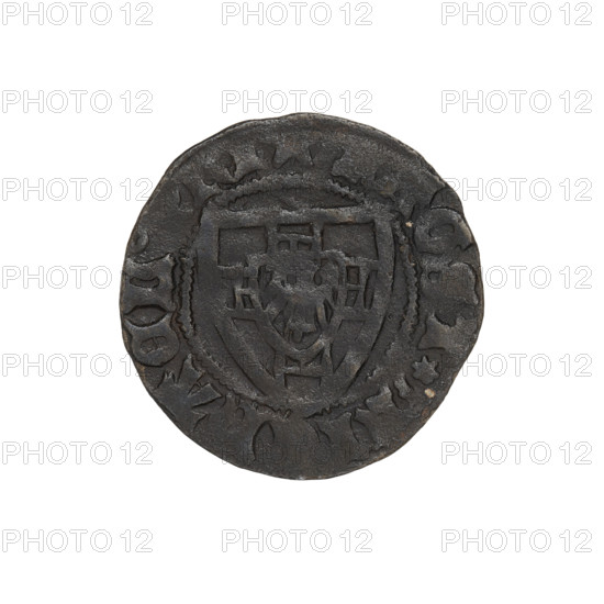 Teutonic szelag, Michal Küchmeister (Grand Master; 1414–1422). Obverse: monastic shield of the Grand Master (iconographic); the crossbars at the ends of the arms of the cross are arched. In the rim, between the pearl borders, an inscription. Reverse: monastic shield; in the rim between the pearl borders there is an inscription. Date: 1414–1416. State of the Teutonic Order (1226–1525), Gdansk. Coin; diameter 20.3 mm; weight 1.22 g; axis 45°.