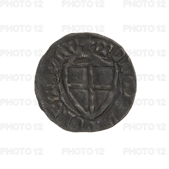 Teutonic szelag, Michal Küchmeister (Grand Master; 1414–1422). Monastic shield of the Grand Master (iconographic). Teutonic shield (iconographic). Teutonic Knights (order). Obv.: Monastic shield of the Grand Master; the crossbars at the ends of the arms of the cross are arched. On the rim, between the pearl borders, an inscription. Rev.: Monastic shield; in the rim between the pearl borders an inscription. Date: 1414–1416. State of the Teutonic Order (1226–1525). Gdansk. Coin. Diameter 20.3 mm; weight 1.22 g; axis 45°.