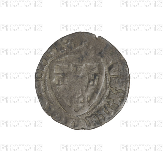 Teutonic szelag, Michal Küchmeister (Grand Master; 1414–1422). Obverse: monastic shield of the Grand Master with arched crossbar ends; inscription in the rim between beaded borders. Reverse: monastic shield; inscription in the rim between beaded borders. Date: 1414–1416. State of the Teutonic Order (1226–1525). Gdansk. Coin. Diameter 20 mm; weight 1.25 g; axis 45°.