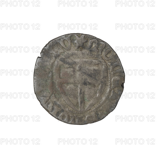Teutonic szelag, Michal Küchmeister (Grand Master; 1414–1422). Obverse: monastic shield of the Grand Master with Teutonic shield; crossbars at the ends of the arms of the cross are arched. In the rim, between the beaded borders, an inscription. Reverse: monastic shield. In the rim, between the beaded borders, an inscription. Date: 1414–1416. State of the Teutonic Order (1226–1525). Gdansk. Coin; diameter 20 mm; weight 1.25 g; axis 45°.