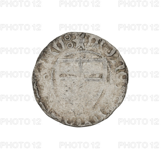 Teutonic szelag, Michal Küchmeister (Grand Master; 1414–1422). Obverse: monastic shield of the Grand Master (iconographic), Teutonic shield (iconographic), Teutonic Knights (order). Obv. monastic shield, crossbars at the ends of the arms of the cross are arched; in the rim, between the beaded borders, the inscription. Reverse: monastic shield; in the rim, between the beaded borders, the inscription, 1414–1416. State of the Teutonic Order (1226–1525). Coin, Gdansk; diameter 20 mm; weight 1.34 g; axis 90 degrees.