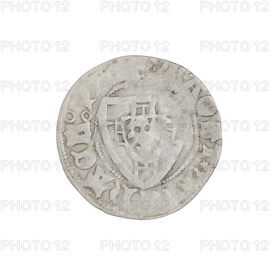 Teutonic szelag, Michal Küchmeister (Grand Master; 1414–1422). Obverse: monastic shield of the Grand Master (iconographic); crossbars at the ends of the arms of the cross are arched. On the rim, between beaded borders, an inscription. Reverse: monastic shield; on the rim, between beaded borders, an inscription. Date: 1414–1416. State of the Teutonic Order (1226–1525). Gdansk mint. Coin; diameter 20.3 mm; weight 1.20 g; axis 45°.